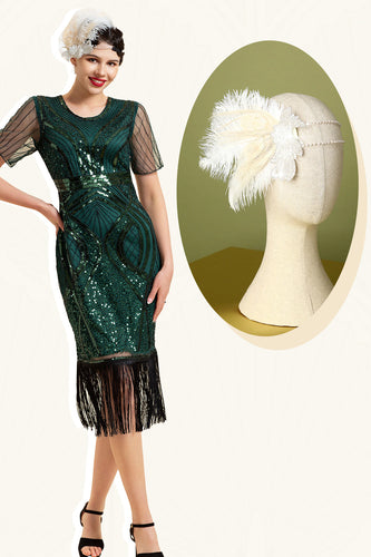 Dunkelgrün Kurzärmel Pailletten Fransen 1920er Jahre Gatsby Flapper Kleid mit 20er Jahre Accessoires Set