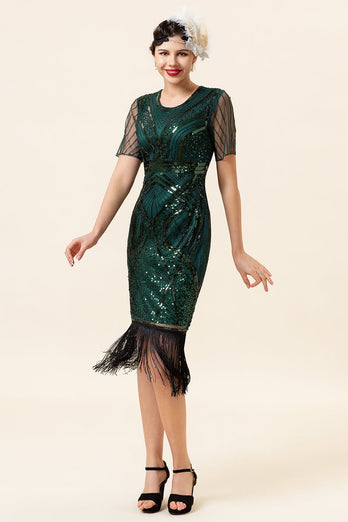 Dunkelgrün Kurzärmel Pailletten Fransen 1920er Jahre Gatsby Flapper Kleid mit 20er Jahre Accessoires Set