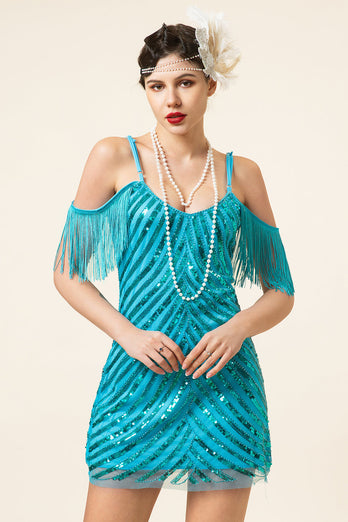 Türkis Pailletten Fransen 1920er Jahre Gatsby Flapper Party Kleid mit 20er Jahre Accessoires Set