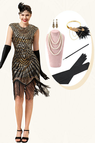 Schwarze und goldene Kappenärmel Paillettenfransen 1920er Jahre Gatsby Flapper Party Kleid mit 20er Jahre Accessoires Set