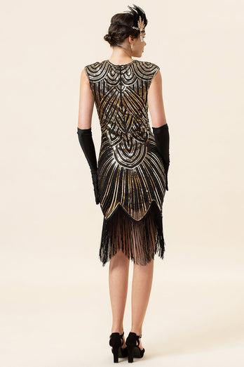 Schwarze und goldene Kappenärmel Paillettenfransen 1920er Jahre Gatsby Flapper Party Kleid mit 20er Jahre Accessoires Set