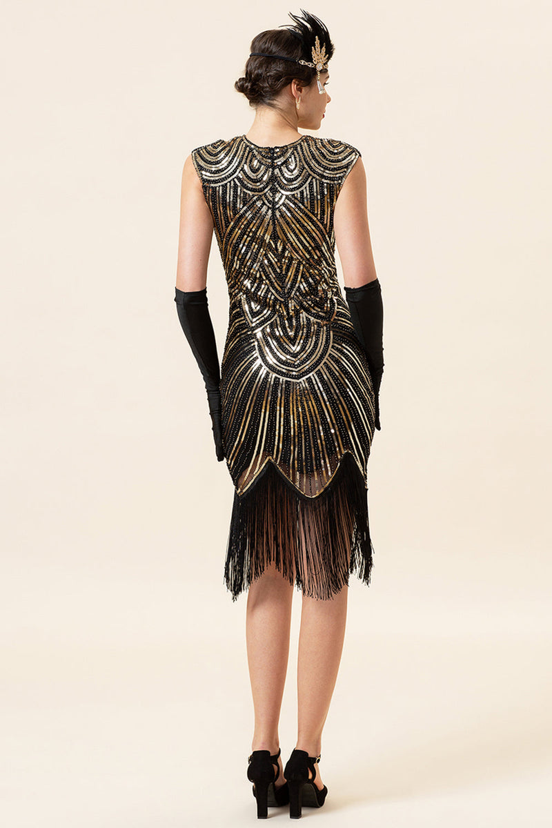 Laden Sie das Bild in den Galerie-Viewer, Schwarze und goldene Kappenärmel Paillettenfransen 1920er Jahre Gatsby Flapper Party Kleid mit 20er Jahre Accessoires Set