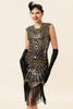 Laden Sie das Bild in den Galerie-Viewer, Schwarze und goldene Kappenärmel Paillettenfransen 1920er Jahre Gatsby Flapper Party Kleid mit 20er Jahre Accessoires Set