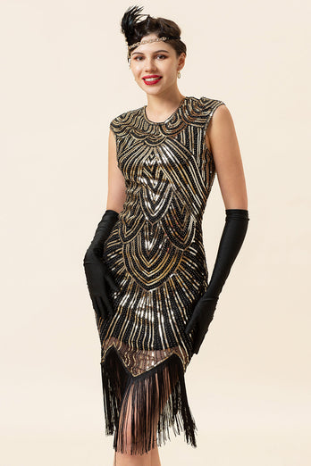 Schwarze und goldene Kappenärmel Paillettenfransen 1920er Jahre Gatsby Flapper Party Kleid mit 20er Jahre Accessoires Set