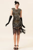 Laden Sie das Bild in den Galerie-Viewer, Schwarze und goldene Kappenärmel Paillettenfransen 1920er Jahre Gatsby Flapper Party Kleid mit 20er Jahre Accessoires Set