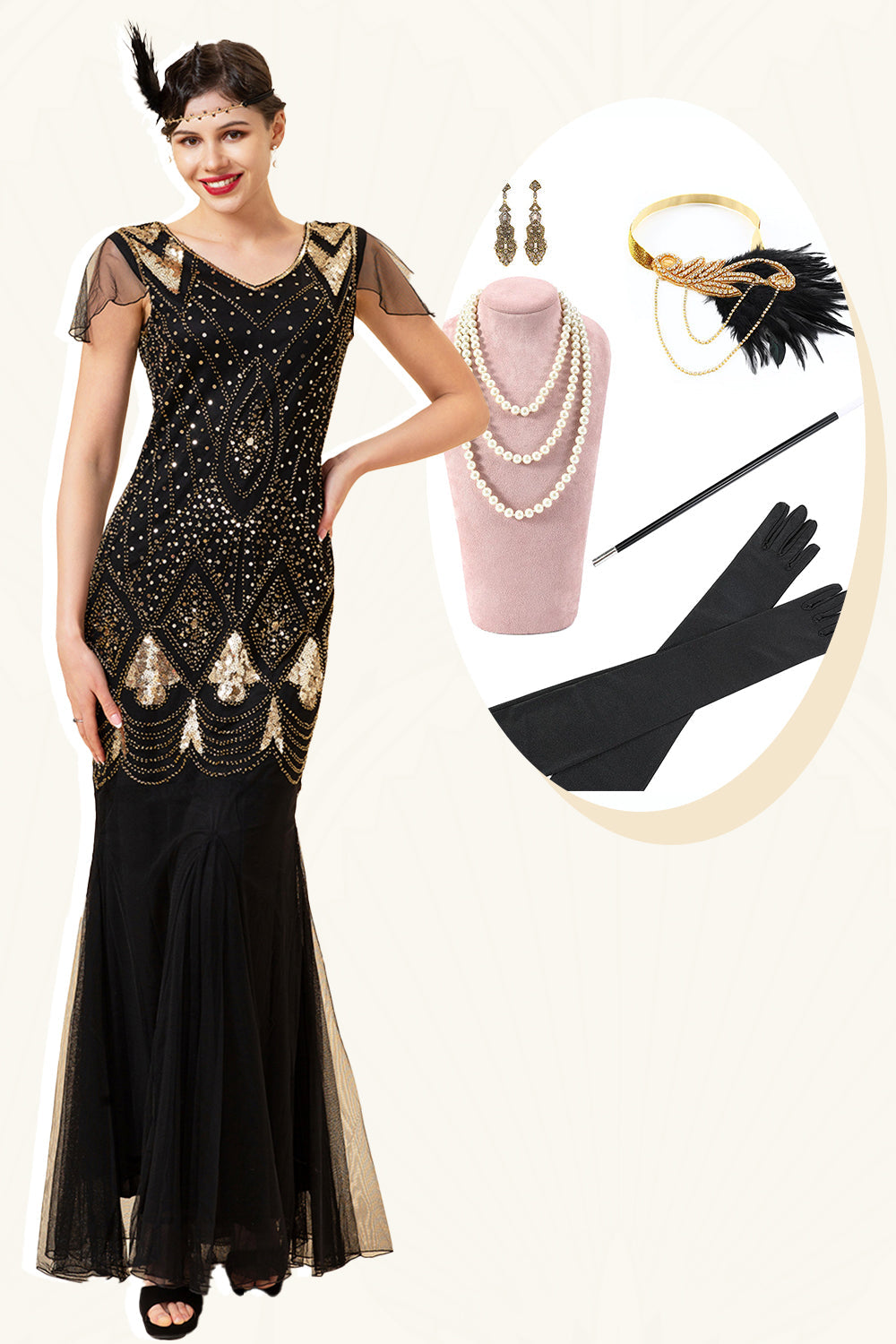 Schwarz und Goldene Kappe Ärmel Pailletten Lange 1920er Jahre Gatsby Flapper Kleid mit 20er Jahre Accessoires Set