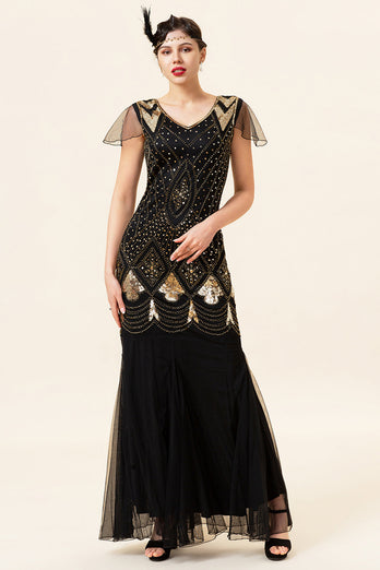 Schwarz und Goldene Kappe Ärmel Pailletten Lange 1920er Jahre Gatsby Flapper Kleid mit 20er Jahre Accessoires Set