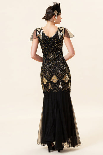 Schwarz und Goldene Kappe Ärmel Pailletten Lange 1920er Jahre Gatsby Flapper Kleid mit 20er Jahre Accessoires Set