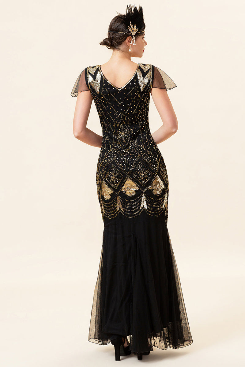 Laden Sie das Bild in den Galerie-Viewer, Schwarz und Goldene Kappe Ärmel Pailletten Lange 1920er Jahre Gatsby Flapper Kleid mit 20er Jahre Accessoires Set