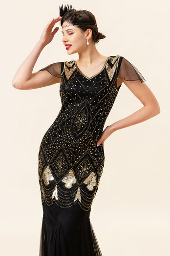 Schwarz und Goldene Kappe Ärmel Pailletten Lange 1920er Jahre Gatsby Flapper Kleid mit 20er Jahre Accessoires Set