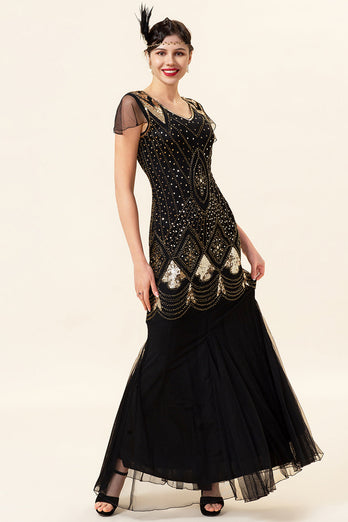 Schwarz und Goldene Kappe Ärmel Pailletten Lange 1920er Jahre Gatsby Flapper Kleid mit 20er Jahre Accessoires Set