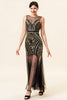 Laden Sie das Bild in den Galerie-Viewer, Schwarz und Golden Illusion Neck Pailletten Lange 1920er Jahre Gatsby Flapper Kleid mit 20er Jahre Accessoires Set