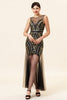 Laden Sie das Bild in den Galerie-Viewer, Schwarz und Golden Illusion Neck Pailletten Lange 1920er Jahre Gatsby Flapper Kleid mit 20er Jahre Accessoires Set