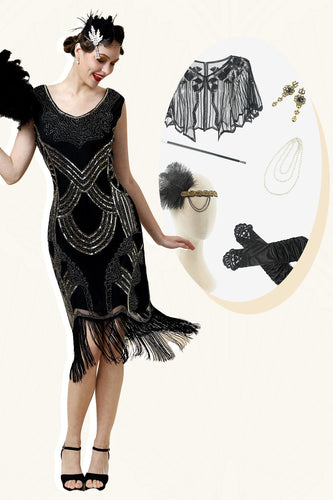 Schwarz Pailletten 1920er Jahre Gatsby Flapper Party Kleid mit 20er Jahre Accessoires Set