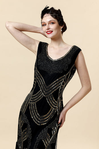 Schwarz Pailletten 1920er Jahre Gatsby Flapper Party Kleid mit 20er Jahre Accessoires Set