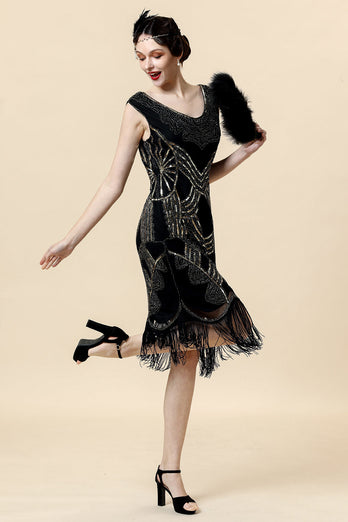 Schwarz Pailletten 1920er Jahre Gatsby Flapper Party Kleid mit 20er Jahre Accessoires Set