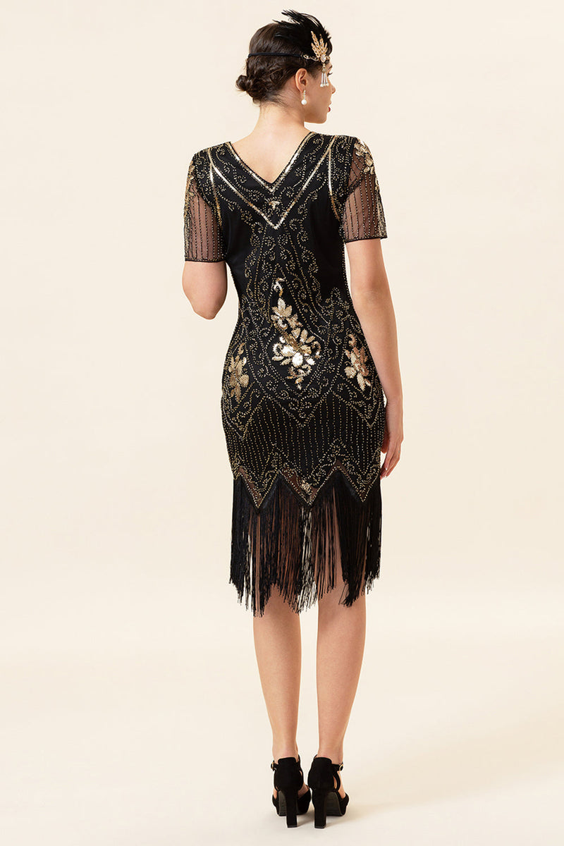 Laden Sie das Bild in den Galerie-Viewer, Schwarz und Golden Kurzärmel Pailletten Fransen 1920er Jahre Gatsby Flapper Kleid mit 20er Jahre Accessoires Set