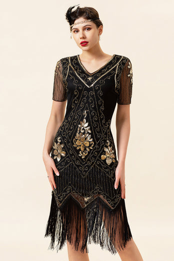 Schwarz und Golden Kurzärmel Pailletten Fransen 1920er Jahre Gatsby Flapper Kleid mit 20er Jahre Accessoires Set