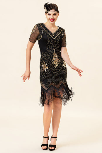 Schwarz und Golden Kurzärmel Pailletten Fransen 1920er Jahre Gatsby Flapper Kleid mit 20er Jahre Accessoires Set