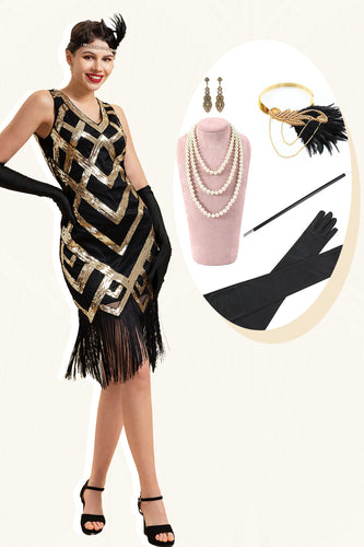 Goldenes ärmelloses Fransen-Flapper-Kleid mit 1920er Accessoires Set