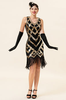 Goldenes ärmelloses Fransen-Flapper-Kleid mit 1920er Accessoires Set