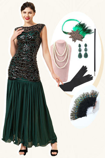 Grünes Perlen-Langflapper-Kleid mit 1920er Accessoires-Set