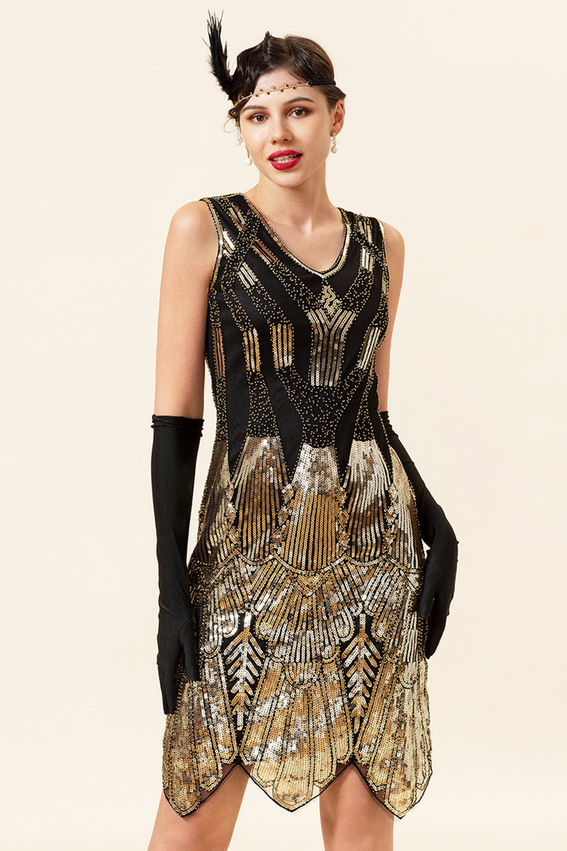 Laden Sie das Bild in den Galerie-Viewer, Goldene Pailletten Glitzer Flapper Kleid mit 1920er Jahre Accessoires Set