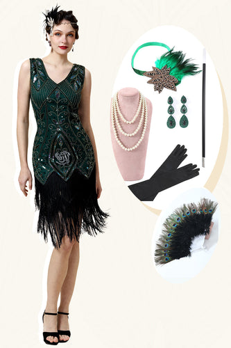 Grünes Fransen-Gatsby-Kleid mit 20er Jahre Accessoires Set