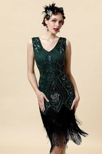 Grünes Fransen-Gatsby-Kleid mit 20er Jahre Accessoires Set