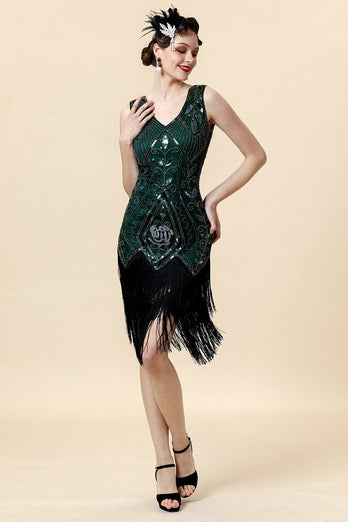 Grünes Fransen-Gatsby-Kleid mit 20er Jahre Accessoires Set