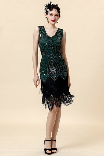 Grünes Fransen-Gatsby-Kleid mit 20er Jahre Accessoires Set