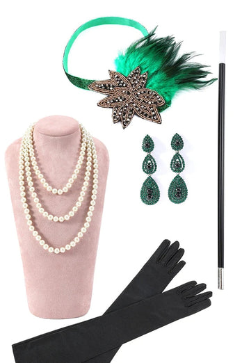 Grünes Fransen-Gatsby-Kleid mit 20er Jahre Accessoires Set