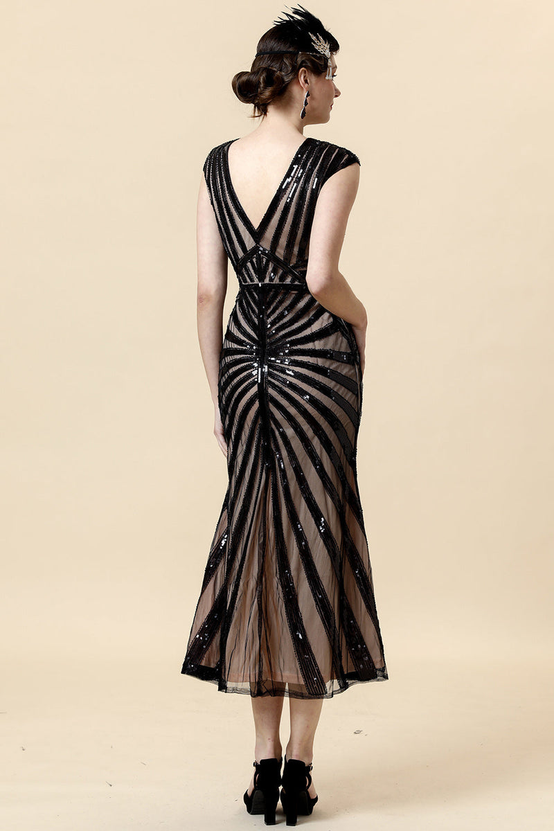 Laden Sie das Bild in den Galerie-Viewer, Schwarze Pailletten Glitzer Midi Flapper Kleid mit 20er Jahre Accessoires Set