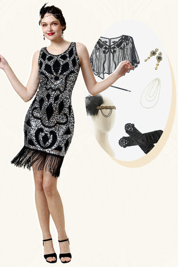 Silberfarbenes Fransen-Gatsby-Kleid mit 1920er Accessoires Set