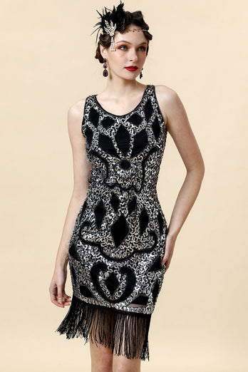 Silberfarbenes Fransen-Gatsby-Kleid mit 1920er Accessoires Set