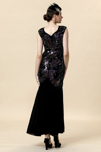 Schwarze Pailletten Langes Gatsby Kleid mit 20er Jahre Accessoires Set