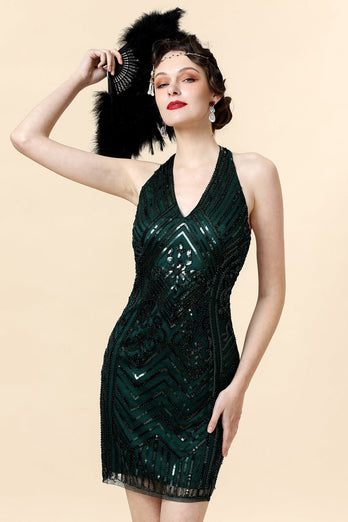 Halter Grün Pailletten Gatsby Kleid mit 20er Jahre Accessoires Set