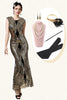 Laden Sie das Bild in den Galerie-Viewer, Goldene Pailletten Glitzer Langes Flapper Kleid mit 20er Jahre Accessoires Set