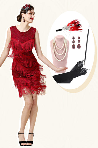 Rotes Perlenfransen-Flapper-Kleid mit 20er Jahren Accessoires Set