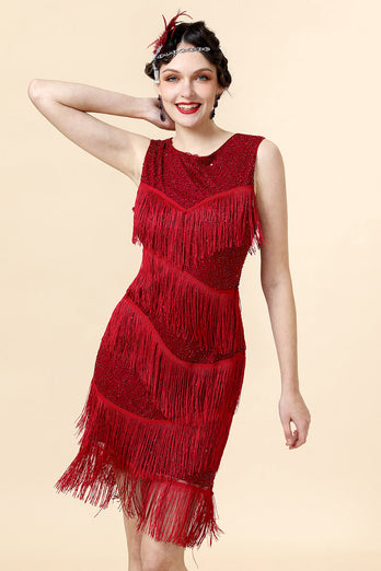 Rotes Perlenfransen-Flapper-Kleid mit 20er Jahren Accessoires Set