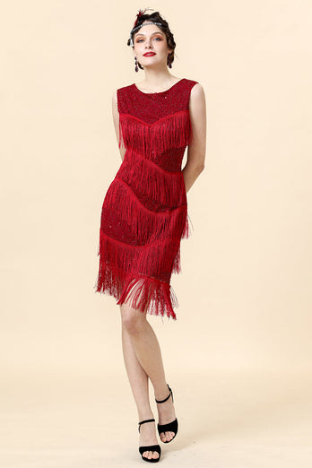 Rotes Perlenfransen-Flapper-Kleid mit 20er Jahren Accessoires Set