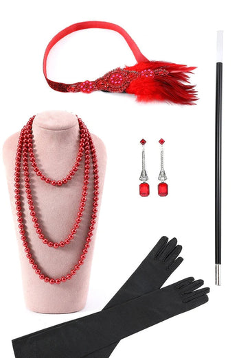 Rotes Perlenfransen-Flapper-Kleid mit 20er Jahren Accessoires Set