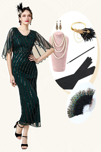 Perlen-Glitzergrünes Flapper-Kleid mit 1920er Accessoires-Set