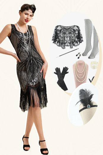 Pailletten Fransen Flapper Kleid mit 1920er Jahren Accessoires Set