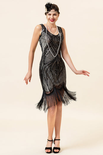 Pailletten Fransen Flapper Kleid mit 1920er Jahren Accessoires Set