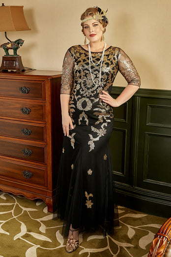 Schwarzes und goldenes Plus Size 1920er Jahre Gatsby Kleid mit 20er Jahre Zubehör Set