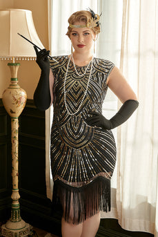 Goldene Pailletten Plus Size 1920er Jahre Gatsby Kleid mit 20er Jahre Zubehör Set