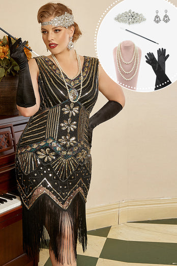 Schwarz Goldene Pailletten Plus Size 1920er Jahre Gatsby Kleid mit 20er Jahre Zubehör Set