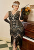 Laden Sie das Bild in den Galerie-Viewer, Schwarz Goldene Pailletten Plus Size 1920er Jahre Gatsby Kleid mit 20er Jahre Zubehör Set