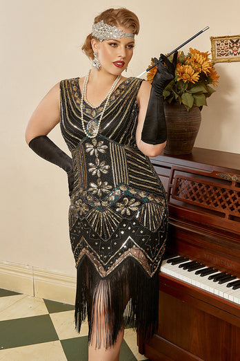 Schwarz Goldene Pailletten Plus Size 1920er Jahre Gatsby Kleid mit 20er Jahre Zubehör Set